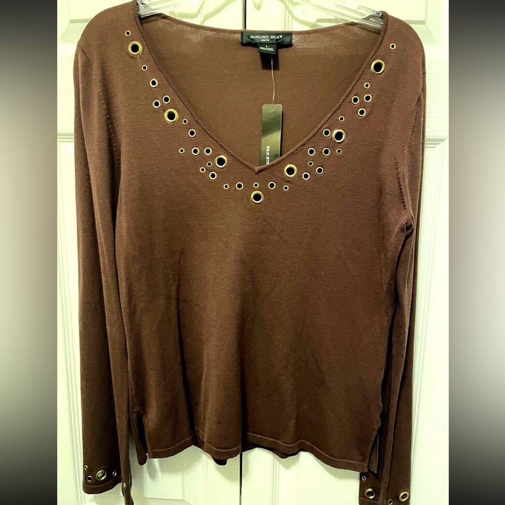 Vintage Dead stock Rivets August Silk With Brown Eyelet V-Neck Jean Benny Top